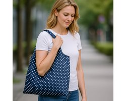 Opvouwbare Polyester Boodschappentas shopper 40x60 cm – Duurzame Herbruikbare Tas Lichtgewicht Met Print in Etui dessin blue white dots — cadeau in Cadeau-ideeën