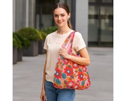 Opvouwbare Polyester Boodschappentas shopper 40x60 cm – Duurzame Herbruikbare Tas Lichtgewicht Met Print in Etui dessin flower power rood — cadeau in Cadeau-ideeën