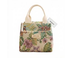 Rainbecom - Koeltassen Lunchtas 5,5L Geïsoleerd - Lunch tas Dames & Heren - 22x13.5x19.5 cm Lunchbag voor Werk & School - Koeltas Waterafstotend Polyester - Grote Opening met Rits - Beige Tropische Print — cadeau in Cadeau-ideeën