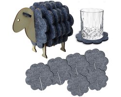 Vilt Onderzetters Schaap - Set van 6 - Glasonderzetters met Houten Schaap Houder - Decoratieve Onderzetters - Grijs — cadeau in Wonen & Interieur