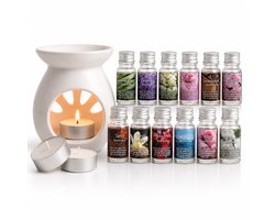 EasyMart Geurbrander Set - Keramische Aromabrander & Oliebrander met 12 Geuroliën en 2 Waxinelichtjes - Huisparfum Cadeauset - Kerstcadeau — cadeau in Wonen & Interieur