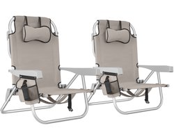 tectake® Strandstoelen Coral - Set van 2 Opvouwbare Campingstoelen met Koeltas en Opbergtas - 5-voudig Verstelbare Rugleuning met Hoofdkussen - Brede Armleuningen met Bekerhouder / Telefoonhouder - Inklapbare Kampeerstoel - Beige — cadeau in Sport & Outdoor
