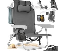 tectake® Strandstoel Coral - Opvouwbare Campingstoel met Koeltas en Opbergtas - 5-voudig Verstelbare Rugleuning met Hoofdkussen - Brede Armleuningen met Bekerhouder / Telefoonhouder - Inklapbare Kampeerstoel - Grijs — cadeau in Sport & Outdoor