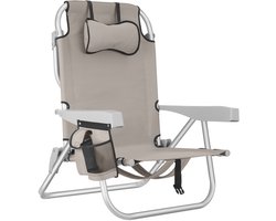 tectake® Strandstoel Coral - Opvouwbare Campingstoel met Koeltas en Opbergtas - 5-voudig Verstelbare Rugleuning met Hoofdkussen - Brede Armleuningen met Bekerhouder / Telefoonhouder - Inklapbare Kampeerstoel - Beige — cadeau in Sport & Outdoor