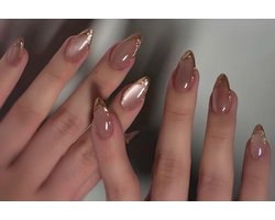 SnelShoppen - False Nails Kort Almond Cat Eye Baby Pink Goud Twill Franse Magnetische Press-On Nagels met Nagellijm - 24 Stuks met Paarse Tips en Zilv — cadeau in Mode & Accessoires
