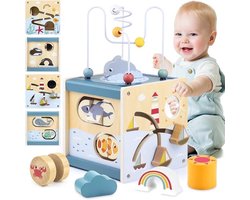 Montessori Houten Activiteitenkubus (Thema Zee) – Educatief Speelgoed voor Baby’s en Peuters vanaf 1 Jaar, met Kralenbaan, Vormenstopper, Spiegel en Puzzel, ter Stimulering van Motoriek en Zintuiglijke Ontwikkeling — cadeau in Spellen & Speelgoed
