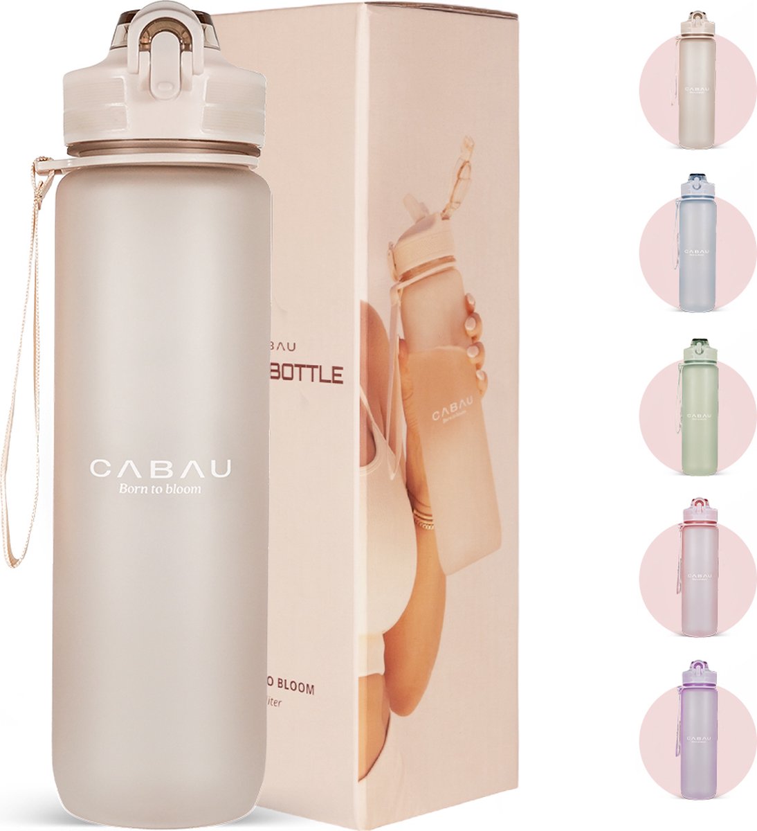Bloom Waterfles / Drinkfles - 1 liter - Beige - Handige drinktuit & unieke maataanduiding - BPA- & Lekvrij - Drinkfles met rietje volwassenen - Drinkfles volwassenen - Drinkfles 1 liter - Verschillende drinkflessen - Cadeau voor haar