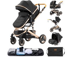 3 In 1 Kinderwagen - Luxe Buggy - Wandelwagen - Babywagen - Baby Stroller - Baby Autostoel - Inclusief mamatas - Zwartgoud — cadeau in Cadeau-ideeën