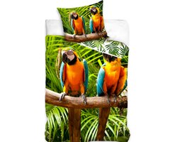 1-persoons dekbedovertrek (dekbed hoes) “papegaai” met tropische vogels ( papagaai / parkiet / agapornis) op tak tussen groene bladeren / planten / palmen (natuur) KATOEN eenpersoons 140 x 200 cm (dieren beddengoed slaapkamer / cadeau Sint & Kerst!) — cadeau in Wonen & Interieur