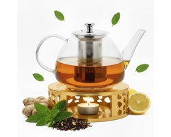 Vaja Glazen Theepot Fay 1 .4 Liter met Filter en Warmhouder - Theepot Glas voor Losse Thee en Theebloemen - Tea Maker - Theelicht houder voor Theekan met Zeef - Infuser - Warmer - Goud — cadeau in Koken & Dineren