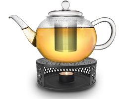 Creano glazen theepot 1,6l met rvs filter en zwart theelicht "Leaf" — cadeau in Koken & Dineren