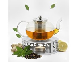 Vaja Glazen Theepot Vera 1.0 Liter met Filter en Warmhouder - Theepot Glas voor Losse Thee en Theebloemen - Tea Maker - Theelicht houder voor Theekan met Zeef - Infuser - Warmer - Zilver — cadeau in Koken & Dineren