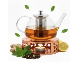 Vaja Glazen Theepot Fay 1.4Liter met Filter en Warmhouder - Theepot Glas voor Losse Thee en Theebloemen - Tea Maker - Theelicht houder voor Theekan met Zeef - Infuser - Warmer - Rose — cadeau in Koken & Dineren