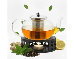 Vaja Glazen Theepot Vera 1.4 Liter met Filter en Warmhouder - Theepot Glas voor Losse Thee en Theebloemen - Tea Maker - Theelicht houder voor Theekan met Zeef - Infuser - Warmer - Zwart — cadeau in Koken & Dineren