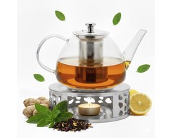 Vaja Glazen Theepot Fay 1.4 Liter met Filter en Warmhouder - Theepot Glas voor Losse Thee en Theebloemen - Tea Maker - Theelicht houder voor Theekan met Zeef - Infuser - Warmer - Zilver — cadeau in Koken & Dineren