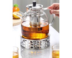 LotaHome - Glazen Theepot met Filter en Theelicht Warmhouder Set - Theepot met Verwarmingselement - Borosilicaat Glas - RVS Zeef - Glazen Theepot voor Losse Thee of Theebloemen - Theepot met Filter en Warmhouder - Met Schoonmaakspons - 1.5 liter — cadeau in Koken & Dineren