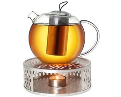 Creano glazen theepot 2,0l Jumbo + een rvs theelicht, 3-delige glazen theepot met geïntegreerd rvs filter en glazen deksel, ideaal voor het zetten van losse thee, druppelvrij — cadeau in Koken & Dineren