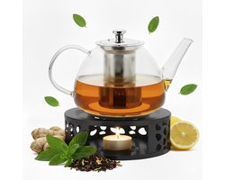 Vaja Glazen Theepot Fay 1 Liter met Filter en Warmhouder - Theepot Glas voor Losse Thee en Theebloemen - Tea Maker - Theelicht houder voor Theekan met Zeef - Infuser - Warmer - Zwart — cadeau in Koken & Dineren