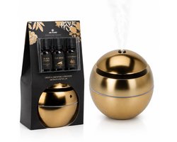 Aroma Diffuser Set Goud – USB Luchtbevochtiger 130 ml met LED Verlichting – Inclusief 3 Geuroliën 10 ml – Zwarte Pioenroos, Granaatappel & Oudhout — cadeau in Wonen & Interieur