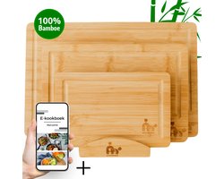 MyCuisine Bamboe Snijplanken Met Sapgeul - Snijplankenset met houder van hout - 100% Bamboe - Inclusief E-Kookboek - 3 Planken — cadeau in Kookcadeaus