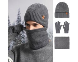 Mannen Winter Set 3-delig - MutSjaal Handschoenen - Alpaca Wol Mix - Donkergrijs - Gevoerd Warm - Winddicht - Elastisch Ademend - Uniseks Design - Dagelijks Gebruik — cadeau in Mode & Accessoires