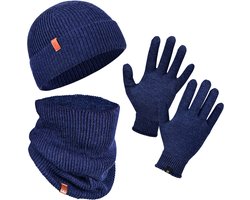 Norfolk Winterset - 70% Merino Wol Muts - Handschoenen en Nekwarmer Set - Premium Gebreide, Warm en Zacht - Cadeauset - L/XL - Blauw — cadeau in Mode & Accessoires