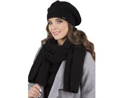 Vivisence Dames Winter Baret En Sjaal Set - Wolmix Met Acryl Viscose Wol En Elastaan Met Bloemapplicatie En Comfortabele Pasvorm - Zacht En Warm Voor Dagelijks Gebruik En Stijlvol Uiterlijk Ideaal Als Cadeau - Zwart — cadeau in Mode & Accessoires