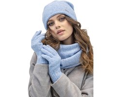 Vivisence Dames Winter Set Muts Sjaal Handschoenen - Wollen Garen Met Zachte Voering In De Muts Dubbelgeslagen Col En Rekbare Manchetten - Heerlijk Warm En Comfortabel Voor Dagelijks Gebruik - Lichtblauw gemêleerd — cadeau in Mode & Accessoires