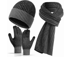 Grijze alpaca wollen muts, sjaal en handschoenen driedelige set, warme en winddichte gebreide set voor touchscreengebruik. — cadeau in Mode & Accessoires