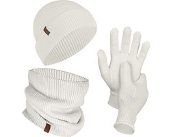 Norfolk Winterset - 70% Merino Wol Muts - Handschoenen en Nekwarmer Set - Premium Gebreide, Warm en Zacht - Cadeauset -S/M - Creme — cadeau in Mode & Accessoires