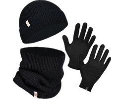 Norfolk Winterset - 70% Merino Wol Muts - Handschoenen en Nekwarmer Set - Premium Gebreide, Warm en Zacht - Cadeauset - S/M - Zwart — cadeau in Mode & Accessoires