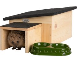 Esschert Design Egelhuis + Voeder- en drinkschaal – 2-delige Set voor egels – Houten schuilplek + voerbakje – weerbestendig — cadeau in Wonen & Interieur