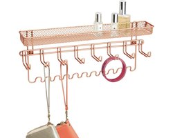 mDesign - Jewellery organiser - jewellery rack/storage space for jewellery - wall model/with 19 hooks and storage basket/strong metal - rose gold — cadeau in Sieraden