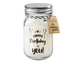 Kaars - Happy birthday to you! - Lichte vanille geur - In glazen pot - In cadeauverpakking met gekleurd lint — cadeau in Wonen & Interieur