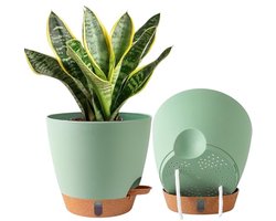 Set van 3 Zelfwaterende Bloempotten 20 x 17 cm – Voor Binnen en Buiten – Met Waterniveauvenster – Lichtgewicht, UV-, Vorst- en Breukbestendig – Groen — cadeau in Wonen & Interieur