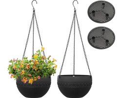 Twee hangende bloempotten voor buiten met drainagegaten, zelfwaterende hangende bloempotten met roestvrije kettingen, geschikt voor zowel binnen als buiten, zwart, 21 cm. — cadeau in Wonen & Interieur