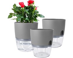 Set van 3 zelfwaterende bloempotten - Bloempotten - Transparante bloempotten - Met drainagegaten en waterabsorberend touw - Kunststof - Grijs — cadeau in Cadeau-ideeën
