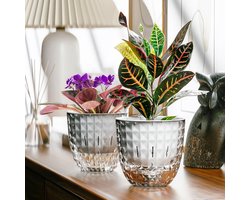 KZQ Zelfwaterende Bloempotten Set van 2, 10cm met Afvoergaten en Onderzetter, Moderne Kunststof Plantenpotten voor Binnen, Geschikt voor Vetplanten, Kruiden en Cactus — cadeau in Wonen & Interieur