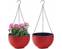 Hangmand van kunststof voor binnen en buiten, set van 2 bloempotten met ketting, zelfwaterende hangende plantenpotten voor bloemen, plafonds, balkons en tuinen(rood) — cadeau in Wonen & Interieur