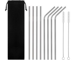 RVS rietjes - Set van 8 herbruikbare rietjes - 4 recht 4 gebogen - 21 cm - Stijlvol - Incl 2 schoonmaakborstels en bewaarzak - Zilver — cadeau in Kookcadeaus