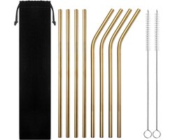 RVS rietjes - Set van 8 herbruikbare rietjes - 4 recht 4 gebogen - 21 cm - Stijlvol - Incl 2 schoonmaakborstels en bewaarzak - Goud — cadeau in Kookcadeaus