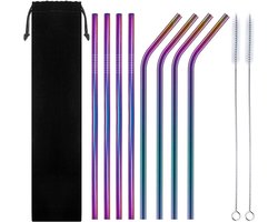 RVS rietjes - Set van 8 herbruikbare rietjes - 4 recht 4 gebogen - 21 cm - Stijlvol - Incl 2 schoonmaakborstels en bewaarzak - Multicolor — cadeau in Kookcadeaus