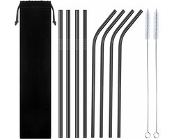 RVS rietjes - Set van 8 herbruikbare rietjes - 4 recht 4 gebogen - 21 cm - Stijlvol - Incl 2 schoonmaakborstels en bewaarzak - Zwart — cadeau in Kookcadeaus