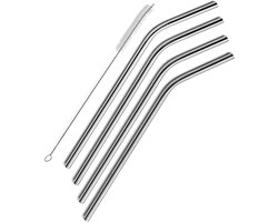 ForeverKitchen herbruikbare RVS/Stalen Drink Rietjes Krom - Set: 4-stuks - met schoonmaakborstels - Ideaal voor Cocktails en Smoothies - metalen ijzeren rietjes — cadeau in Kookcadeaus