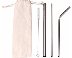 Duurzame RVS Rietjes - Herbruikbare RVS rietjes - Set van 4 (3 rietjes + 1 borsteltje + linnen bewaarzakje) - Smoothie rietje recht - gebogen rietje - recht rietje - Roestvrijstalen / metalen rietjes — cadeau in Kookcadeaus