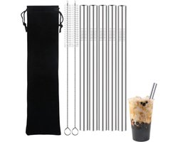 5 stuks - boba rietje - rvs drinkrietje - metalen rietje - zilver - herbruikbaar rietje - tapioca riet - Roestvrijstalen Bubble Tea Riet Set - Duurzame Metalen Drinkrietjes voor Smoothie en Milkshake - Inclusief schoonmaakborstel en opbergtas — cadeau in Kookcadeaus