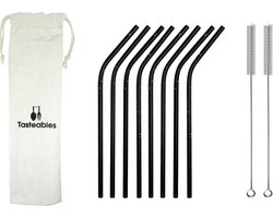 RVS Rietjes Gebogen - Cocktail Rietjes - Tasteables - Set van 8 - Duurzaam - Herbruikbaar - Reinigingsborstel - 200mm lengte - Zwart met wit — cadeau in Kookcadeaus