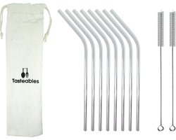RVS Rietjes Gebogen - Cocktail Rietjes - Tasteables - Set van 8 - Herbruikbaar - Reinigingsborstel - 210mm lengte - Zilver — cadeau in Kookcadeaus