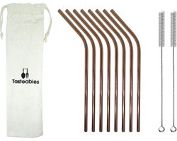 RVS Rietjes Gebogen - Cocktail Rietjes - Tasteables - Set van 8 - Herbruikbaar - Reinigingsborstel - 210mm lengte - Rose Goud — cadeau in Kookcadeaus