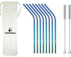 RVS Rietjes Gebogen - Cocktail Rietjes - Tasteables - Set van 8 - Herbruikbaar - Reinigingsborstel - 210mm lengte - Regenboog — cadeau in Kookcadeaus